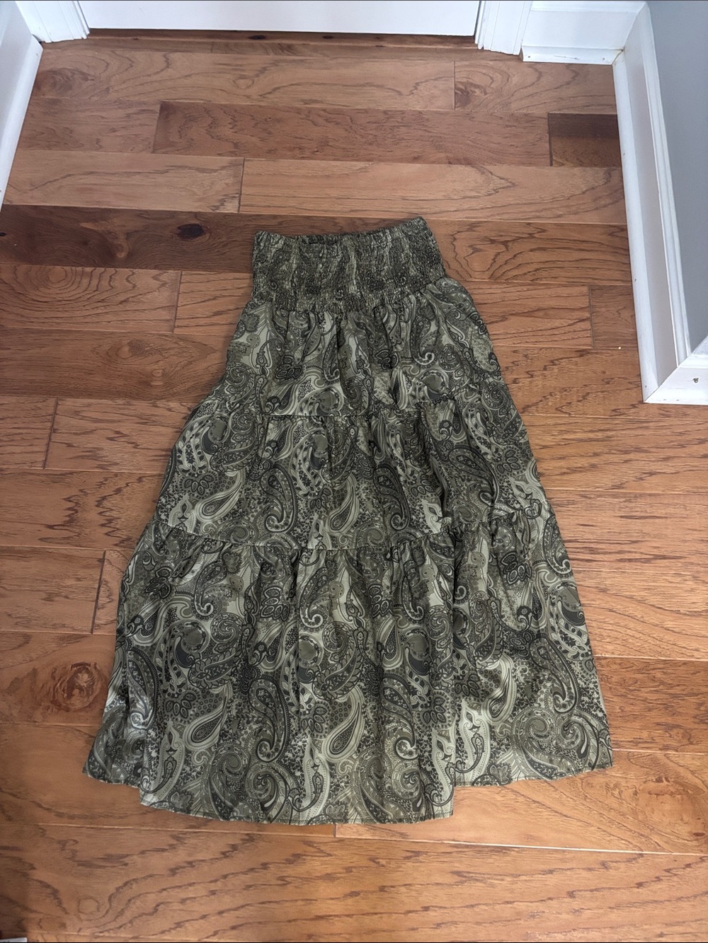 Boho Tiered Paisley Maxi Skirt - Olive Green, Never Worn